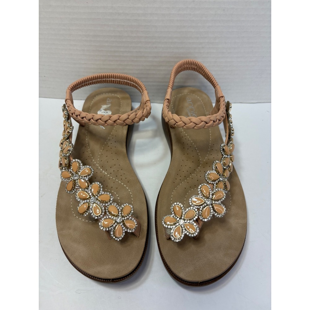 Annie Comfort Atandem Wide Peach Floral Rhinestone Thong Sandals Mens 7W